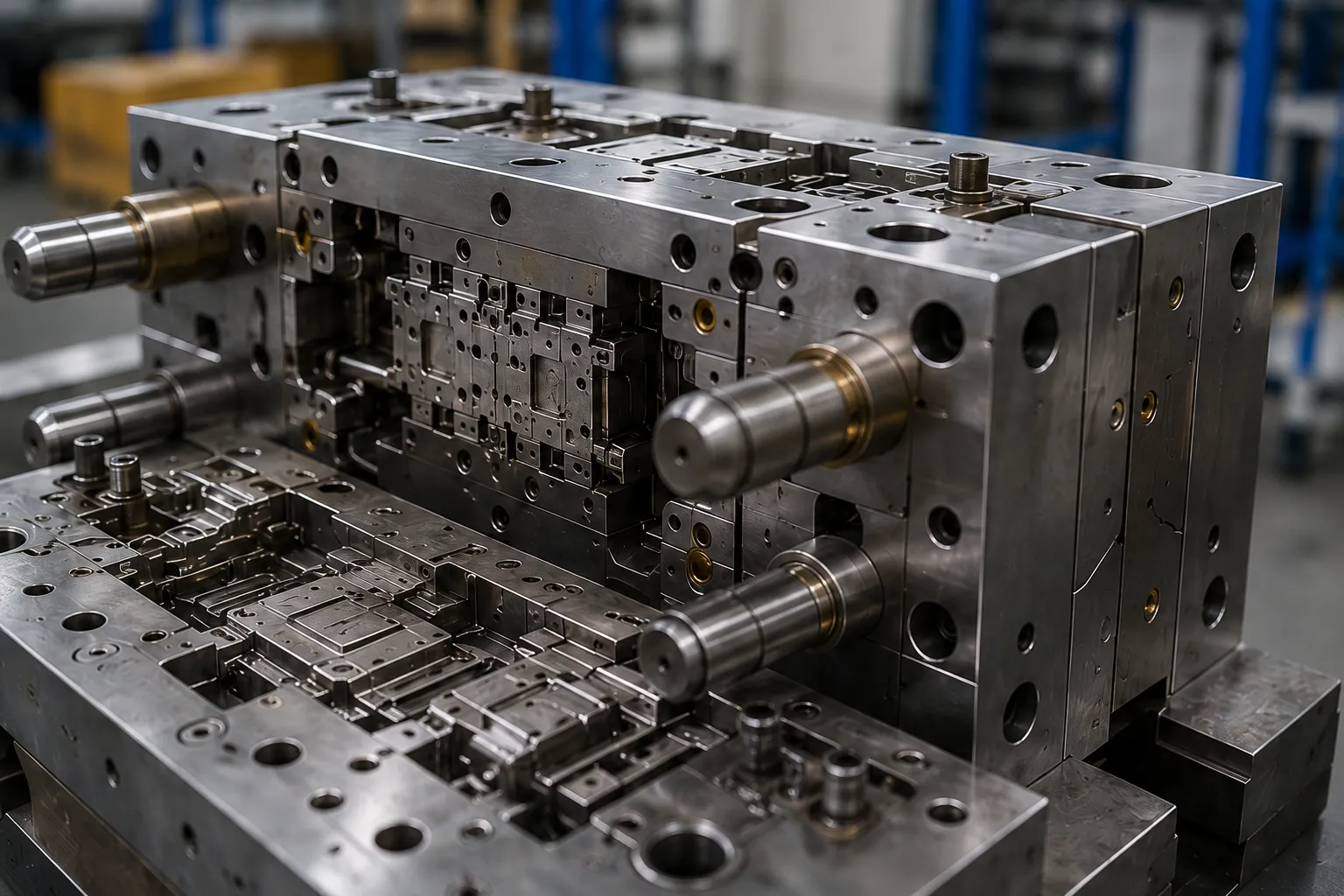 Precision plastic injection mold tooling with detailed cavity and core components