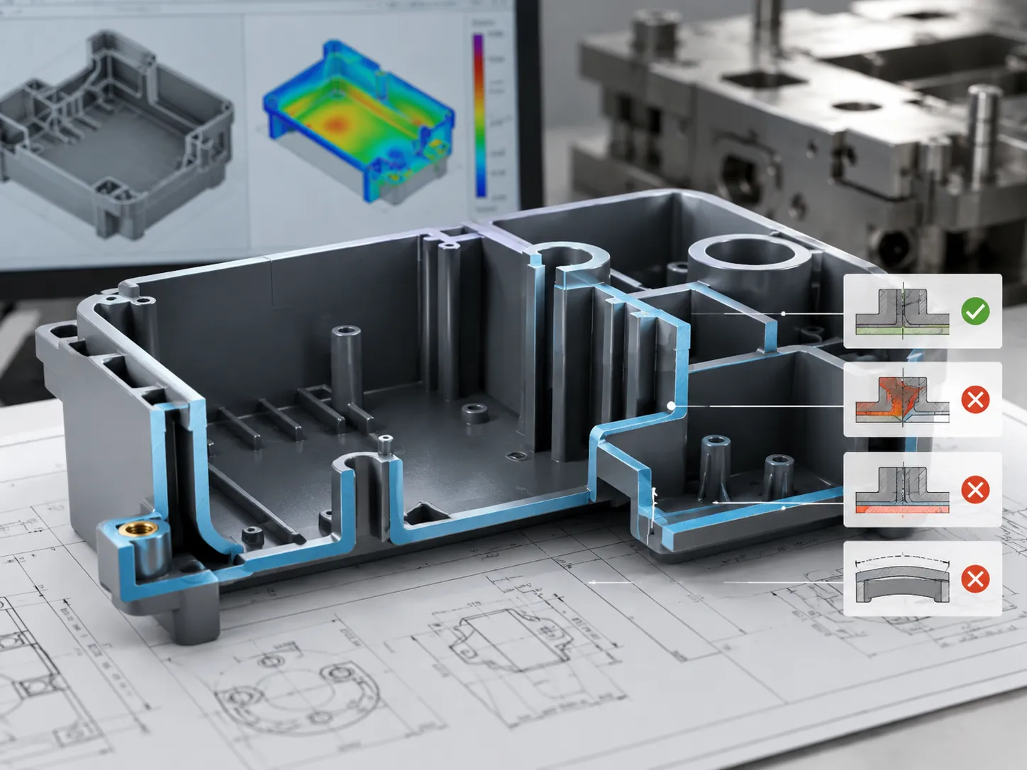 Wall thickness analysis of an injection-molded plastic enclosure with DFM guidelines