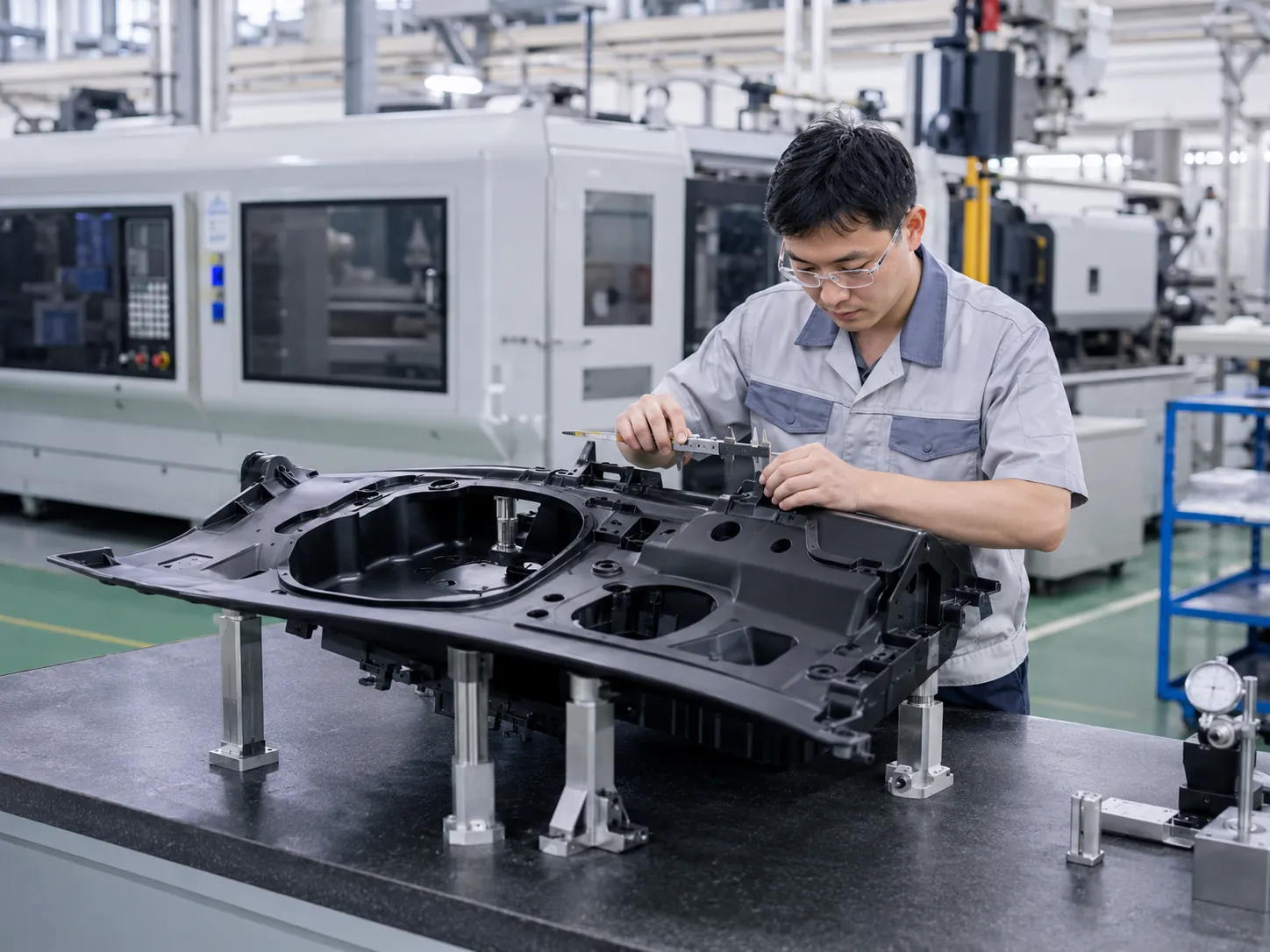 Quality inspector measuring a large injection molded automotive plastic part with precision calipers