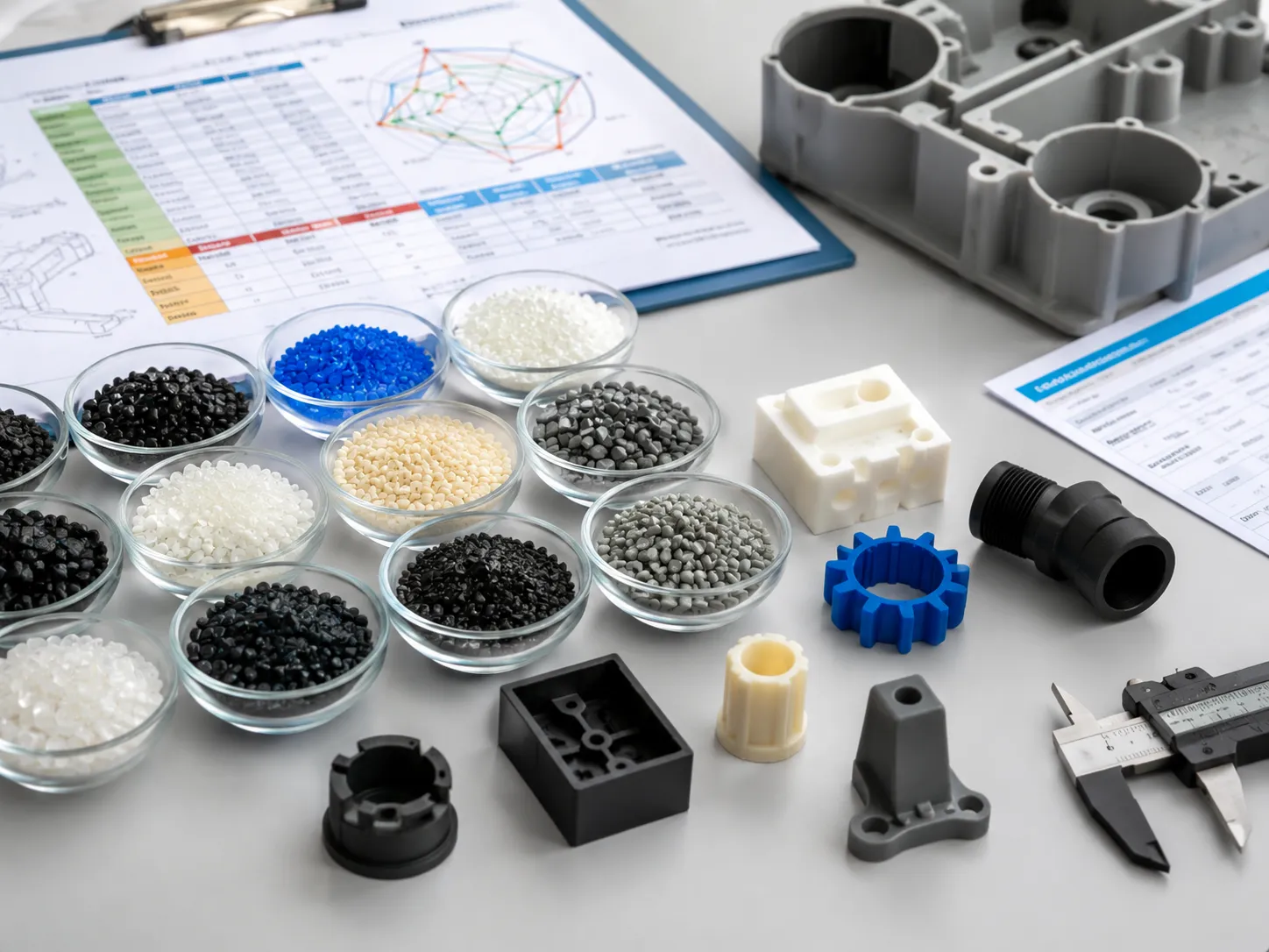 Plastic resin pellets and molded sample parts for material selection