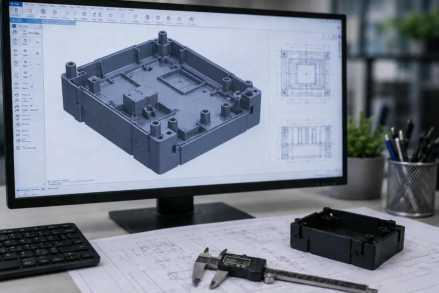 CAD design review of an injection molded plastic enclosure with engineering drawing and digital caliper