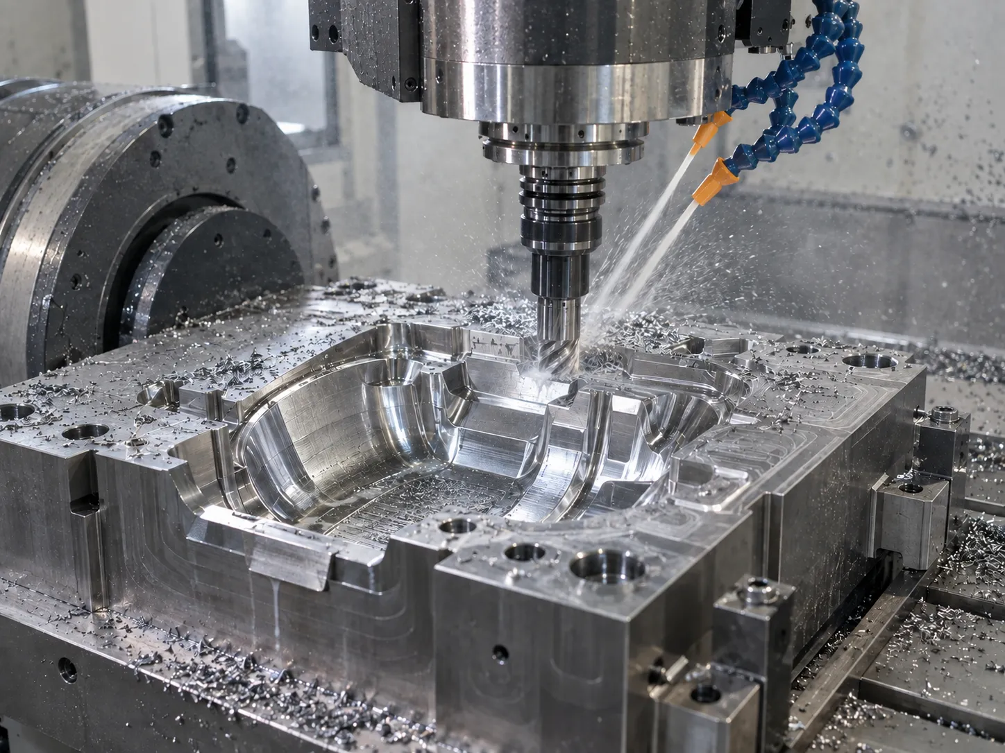 CNC machining large injection mold steel die, vertical machining center milling mold cavity with coolant spray in mold factory workshop