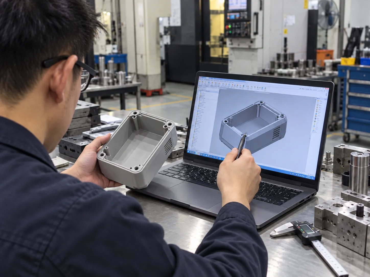 Engineer comparing a physical plastic enclosure with its 3D CAD model during product design review