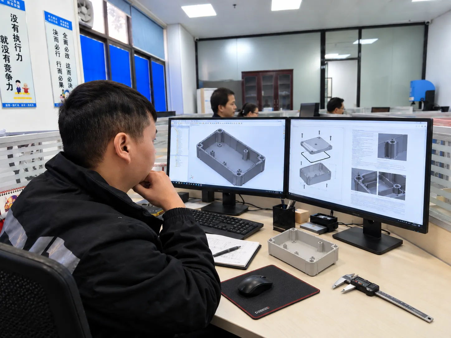 Engineer reviewing plastic enclosure CAD design at dual-monitor workstation with caliper, mouse, and mouse pad in a modern office