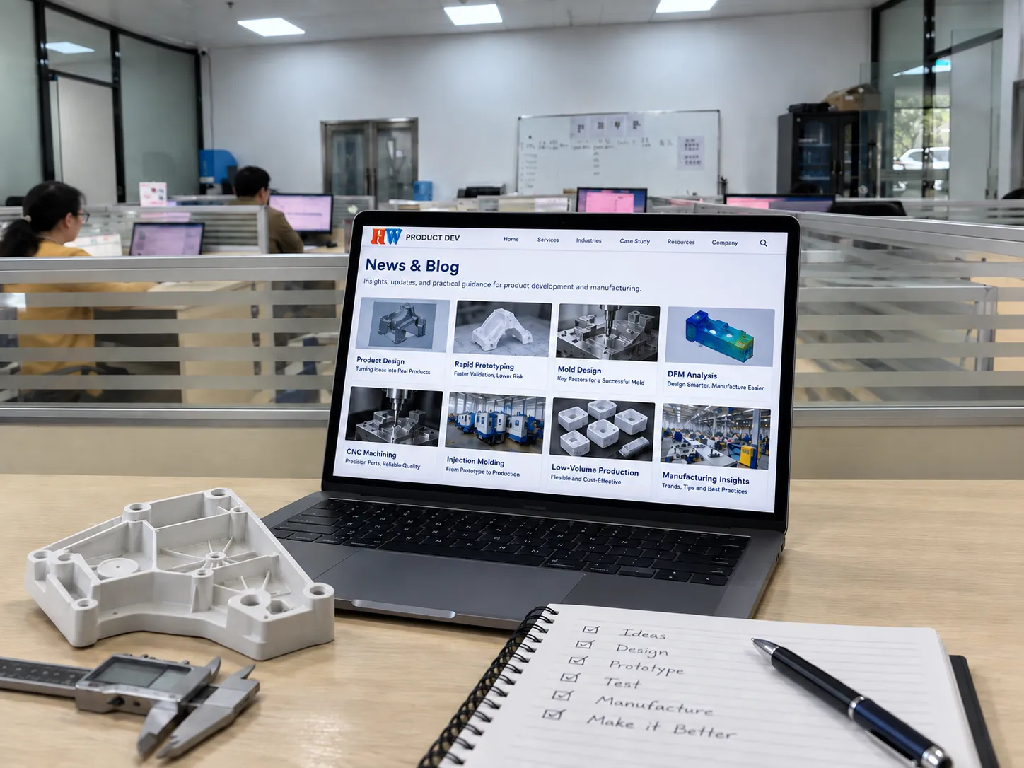 Engineering and manufacturing News and Blog page featuring product design, mold design, DFM, CNC machining, and injection molding topics