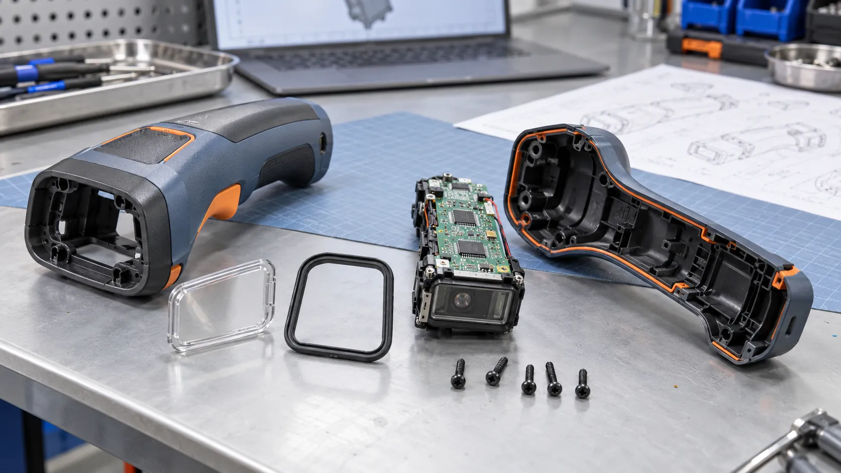Exploded handheld barcode scanner housing with front shell rear shell gasket lens and internal PCB