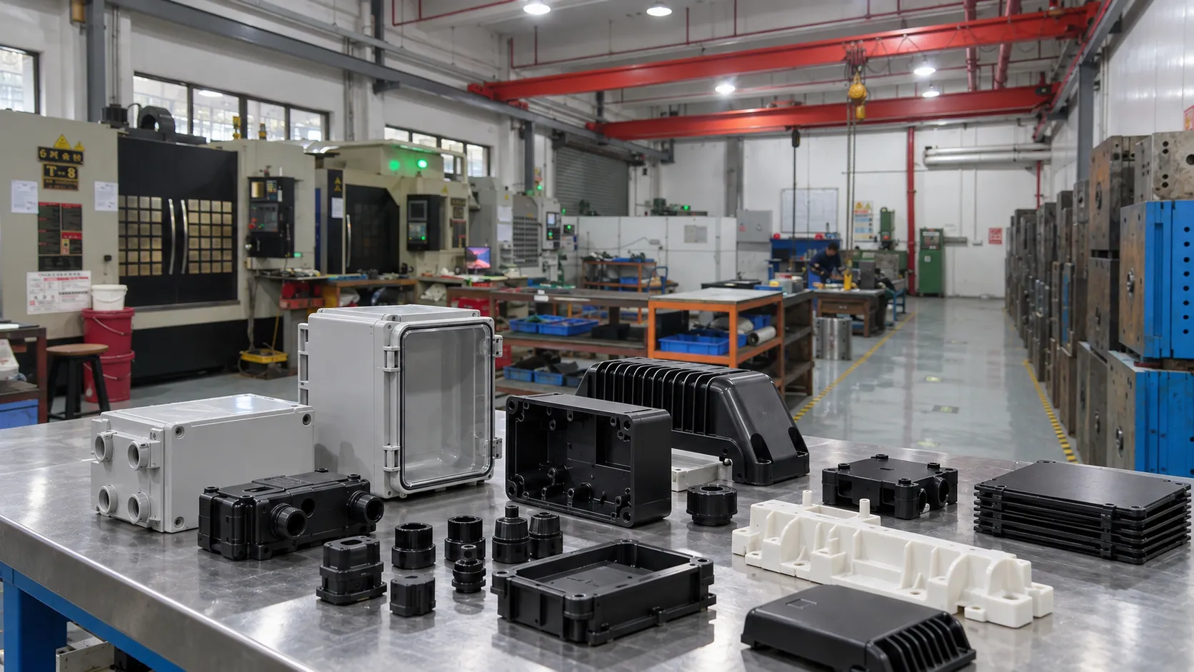 Industrial injection molding workshop with fireproof and waterproof plastic control enclosures and precision industrial housing components