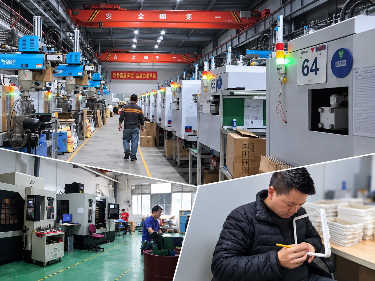Integrated manufacturing facility with injection molding machines, CNC machining equipment, and plastic part assembly operations