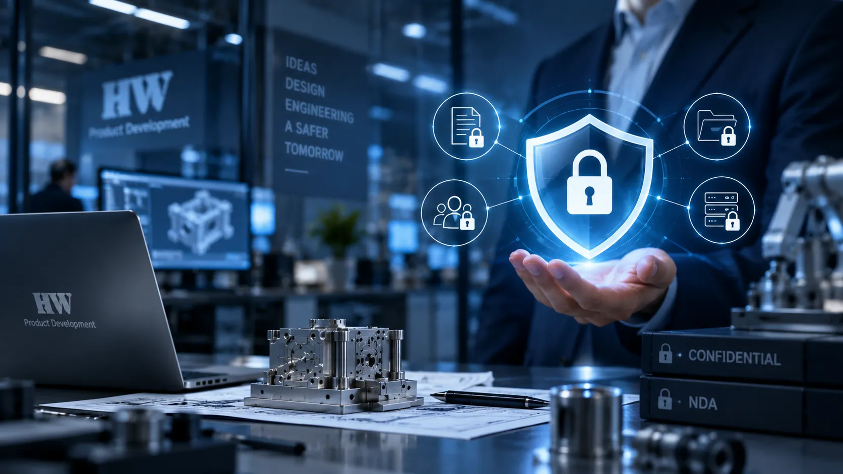 IP right protection banner showing data security shield in an engineering product development environment