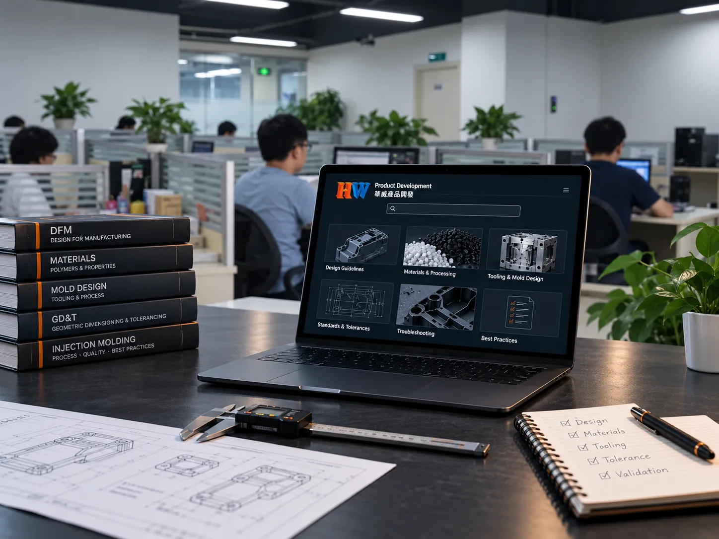 HW Product Dev knowledge base workspace with branded laptop screen, office background, and engineering reference materials
