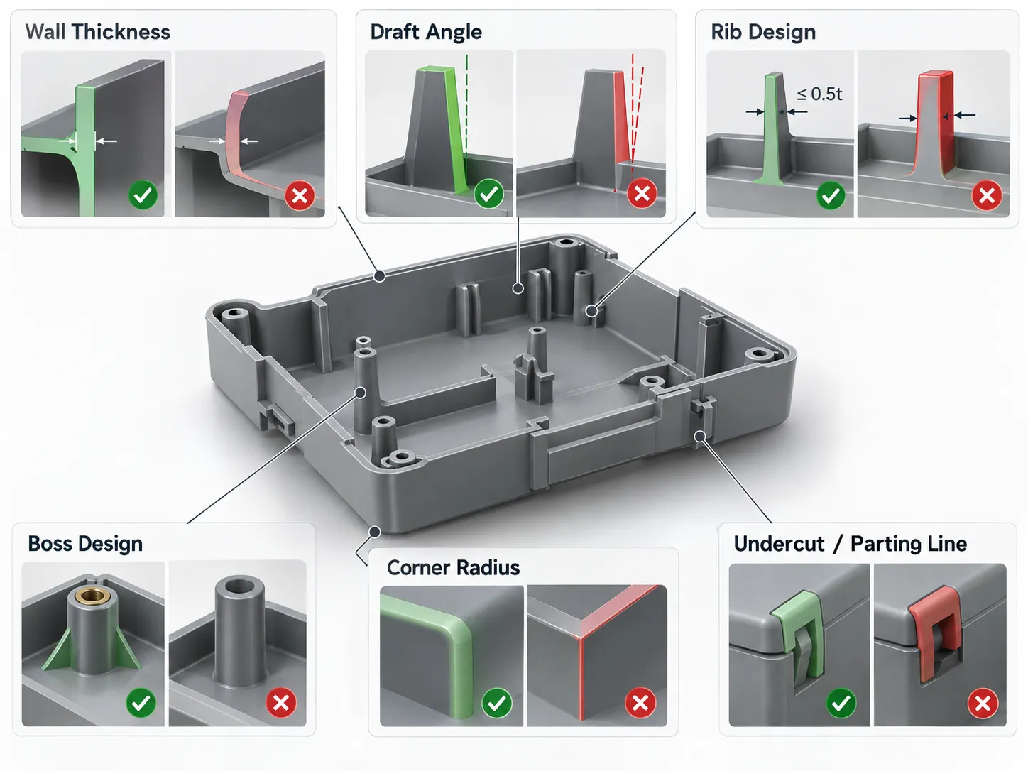 DFM design guidelines for plastic injection molding, wall thickness, draft angle, rib, boss, corner radius and undercut design best practices.
