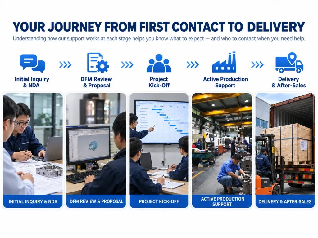 Customer support journey from initial inquiry and DFM review to project kick-off, active production support, and final delivery