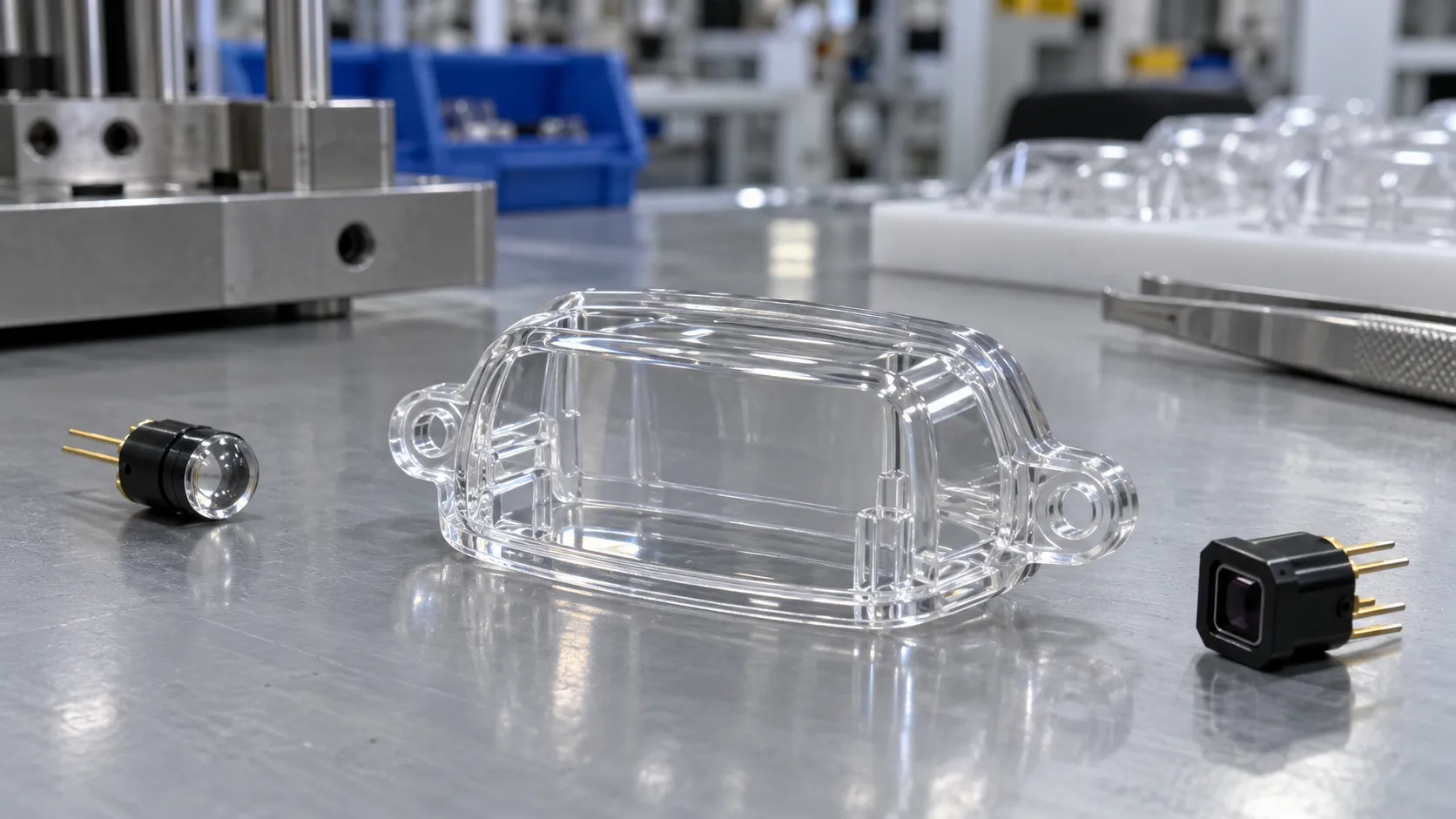 Clear injection molded optical sensor cover beside emitter and receiver components